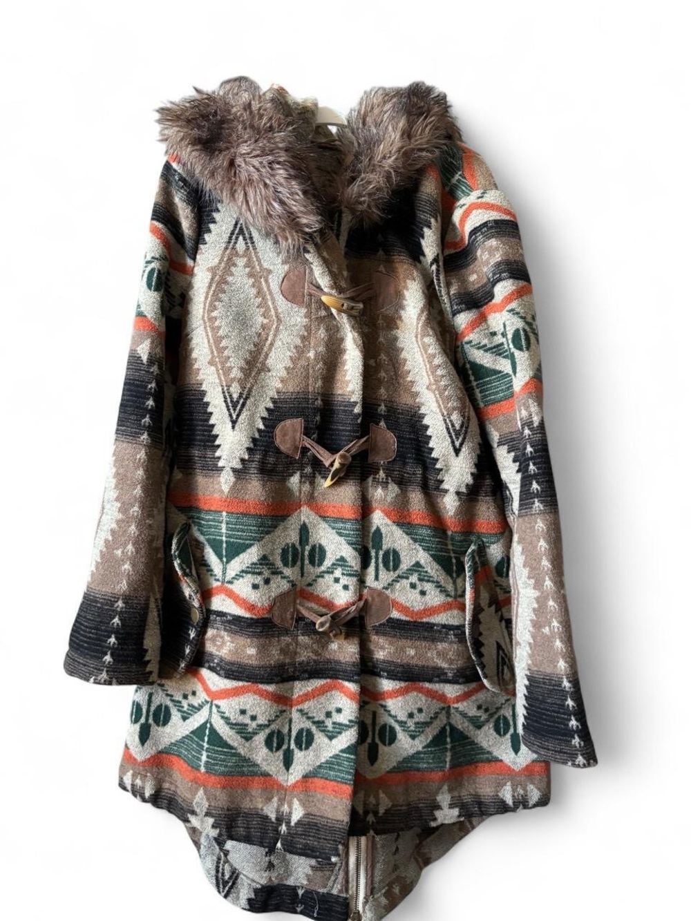 Vintage Y2K BB Dakota Aztec Toggle Coat with Faux Fur Hood - Multi-Color